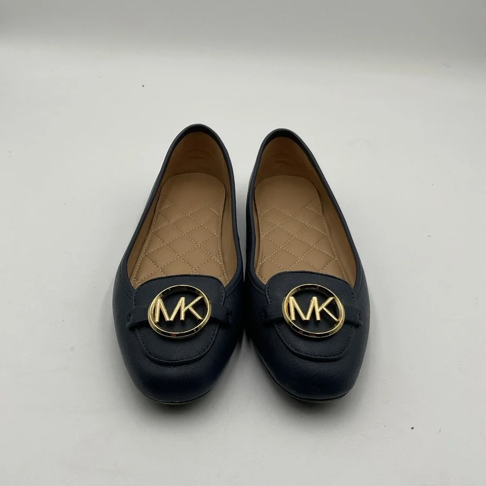 Michael Kors Navy Blue Leather Slip On Flats Logo Medallion Women's Size 8.5